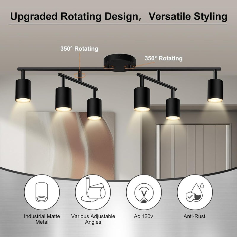 AUQUEE 6 Light Track Lighting Fixtures Ceiling, Matte Black Kichen Track Lighting Fixtures with Rotatable Light Heads, Upgrade Light Poles, Modern LED Sopt Lights for Kitchen/Hallway, No GU10 Bulb - Image 2